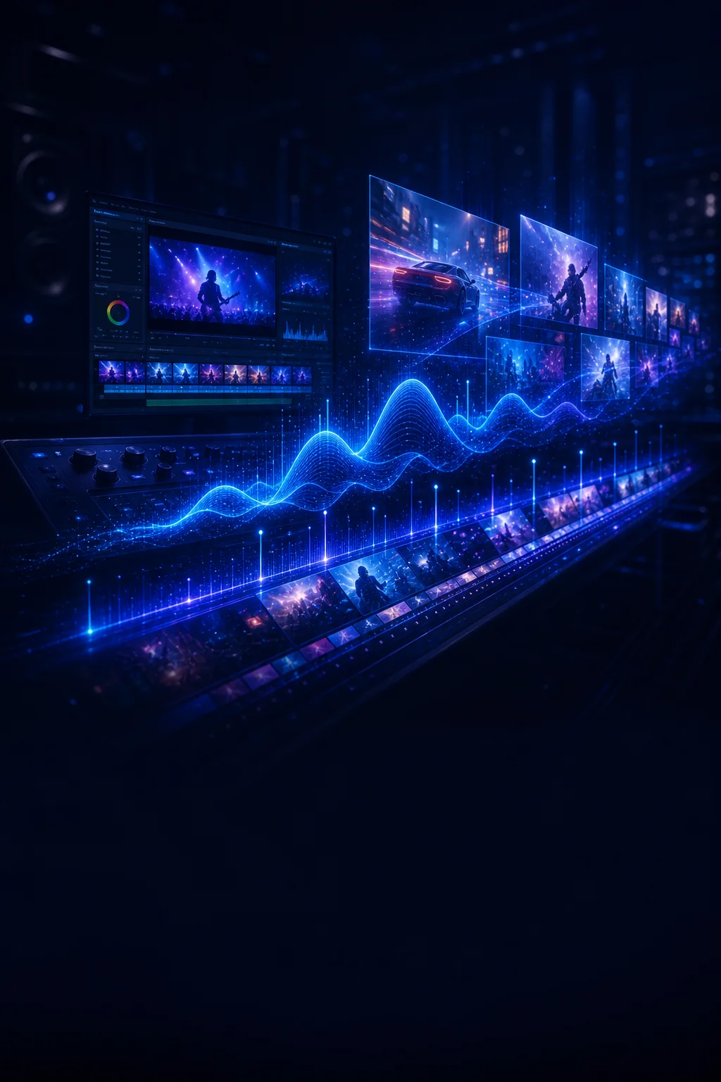 AI music video studio preview with a beat-synced editing timeline
